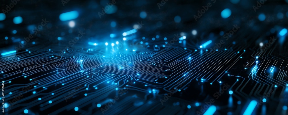 Poster this captivating image features a close-up view of a digital circuit board, showcasing vibrant blue 