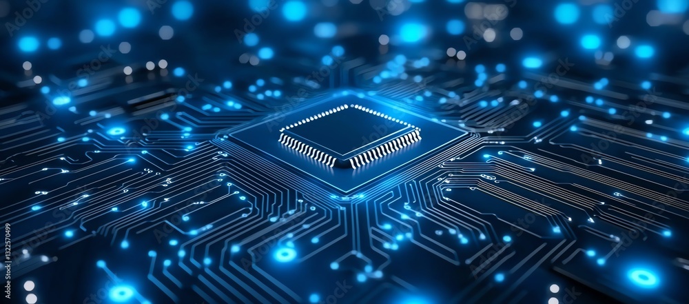 Poster this image showcases a detailed close-up of a computer chip on a circuit board illuminated by bright