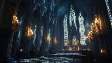 Fototapeta premium Grand Gothic Cathedral Interior with Intricate Stained Glass and Candlelight Glow