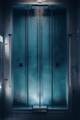 Fototapeta premium Dramatic overhead view of an empty indoor swimming pool with still water and bold red lanes