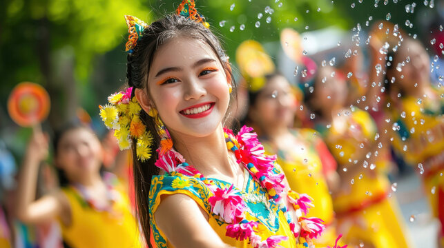 Colorful parade featuring traditional Thai motifs with joyful dancers