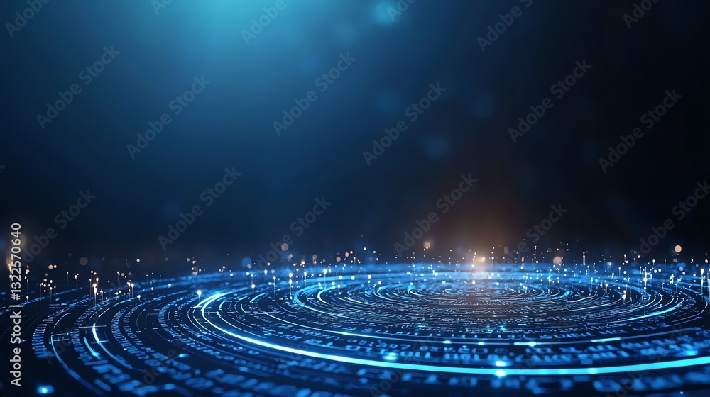 Poster a mesmerizing digital background featuring glowing blue circular patterns and soft light effects, pe