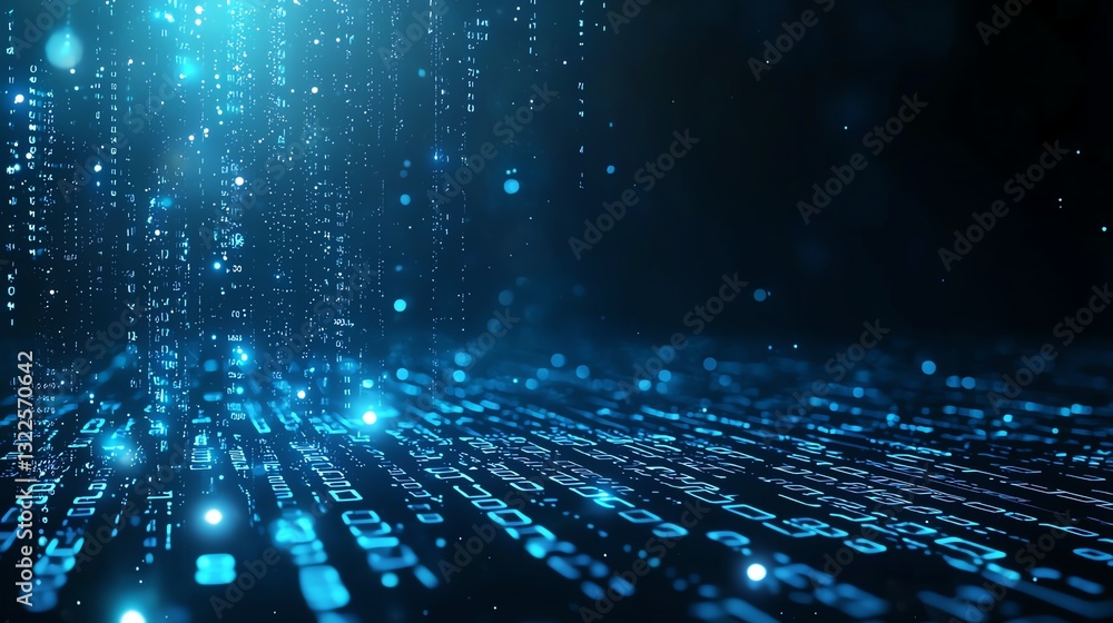 Poster a mesmerizing digital background featuring streams of blue binary code, creating a futuristic atmosp