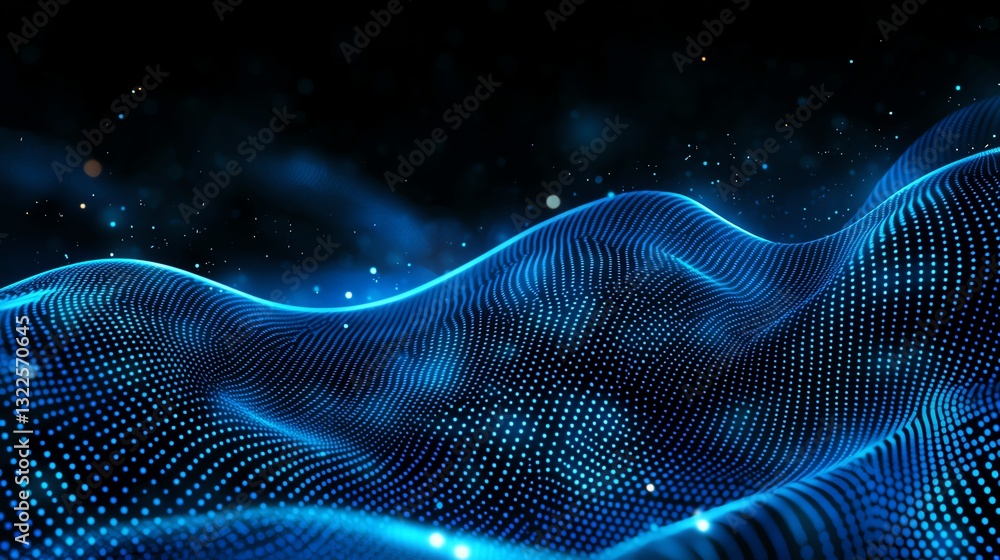 Poster a futuristic abstract representation of blue waves created from dots and glowing particles