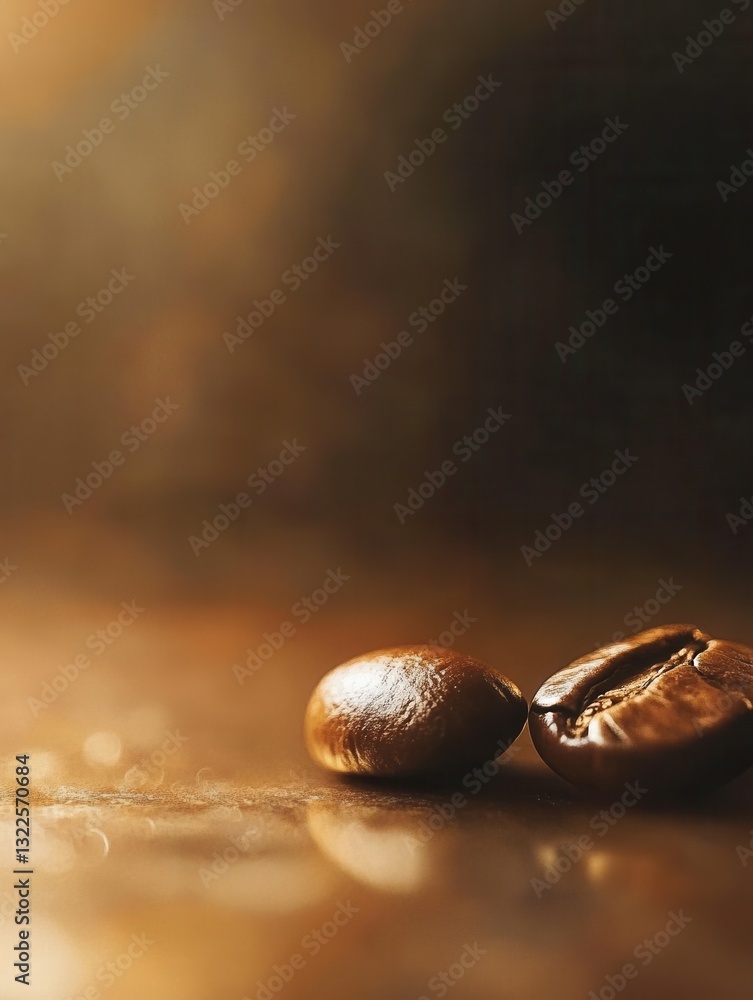 Poster close-up view of roasted coffee beans with a standout bean at the golden ratio, creating a warm and 
