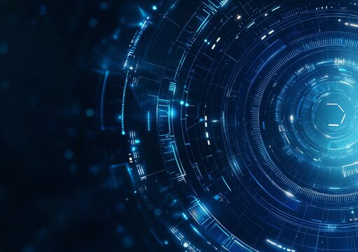 Abstract technology background featuring a deep blue circular design with glowing patterns, ideal for themes of innovation, digital advancement, and futuristic concepts.