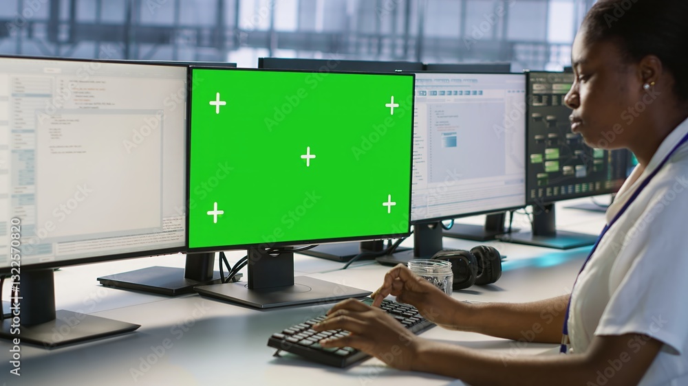 Poster data center technician using mockup pc, maintaining company network infrastructure. server hub worke