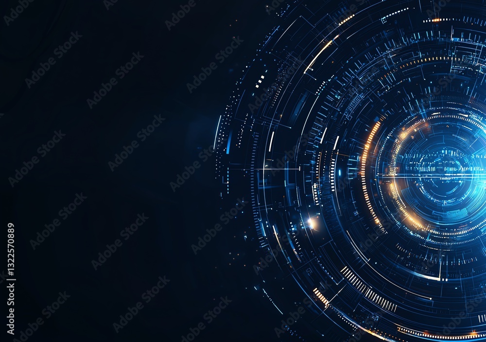 Poster futuristic digital technology background featuring abstract circular patterns and bright glowing ele
