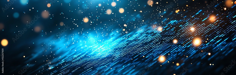 Poster an abstract image featuring vibrant blue and golden particles, creating a dynamic and captivating vi
