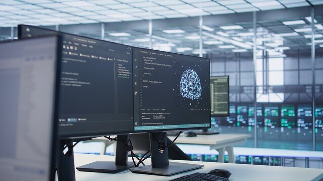 Interlinked computers in data center creating server network, using parallel computing to perform complex calculations and process large amounts of data, close up panning shot