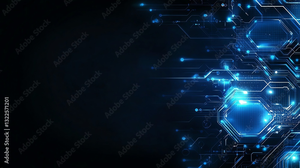 Poster a captivating abstract background featuring glowing blue hexagons intertwined with digital circuits,