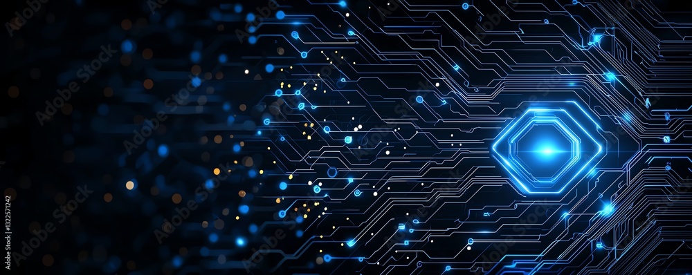 Poster abstract digital background featuring blue glowing circuit patterns and interconnected lines, repres