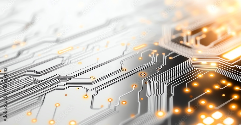 Poster a close-up view of a modern circuit board with intricate patterns and glowing elements, showcasing t