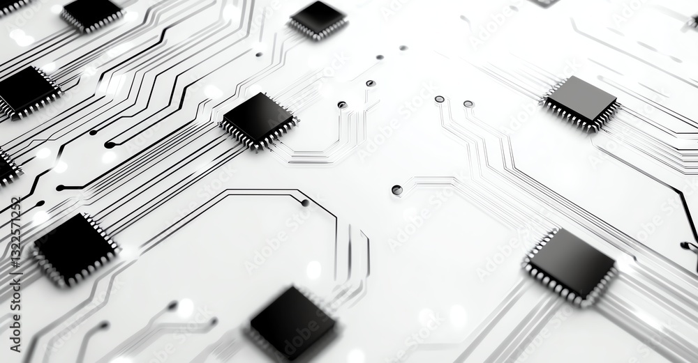 Poster close-up view of a high-tech circuit board showcasing intricate details of microchips and connection