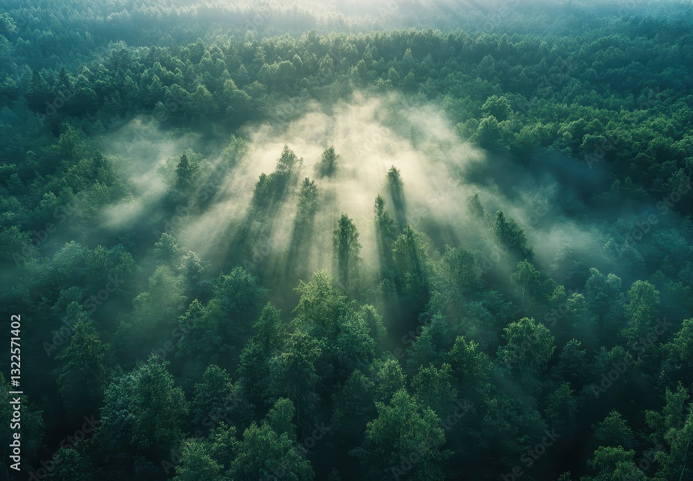 Poster serene aerial view of lush green forest illuminated by soft sunlight and mist in early morning, crea