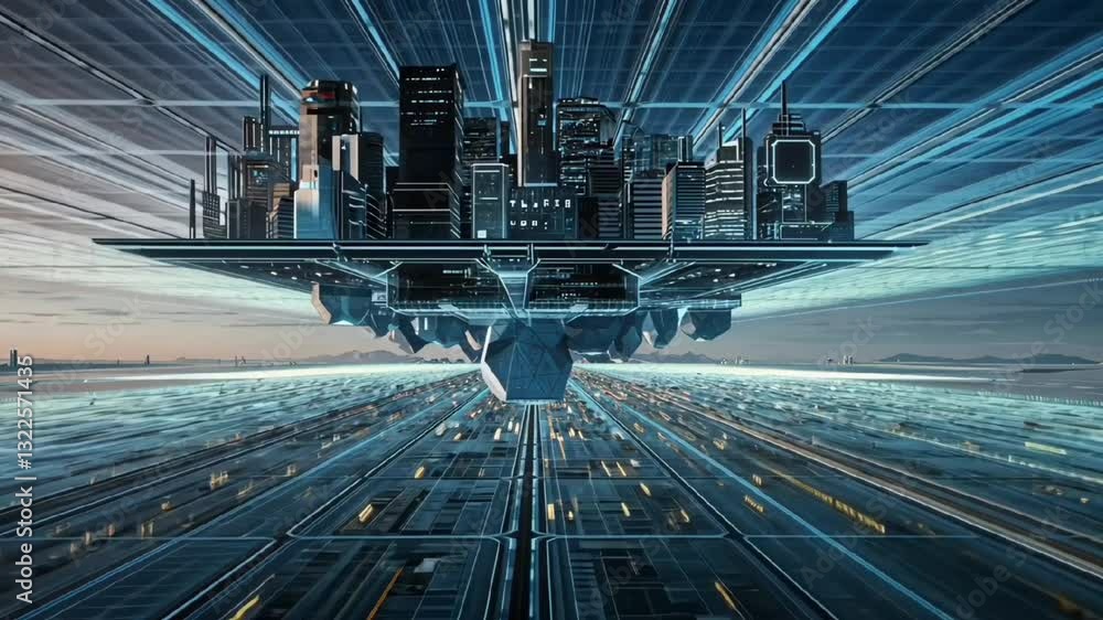 Aufkleber futuristic upside-down cityscape with sci-fi elements and glowing lights creating an imaginative and