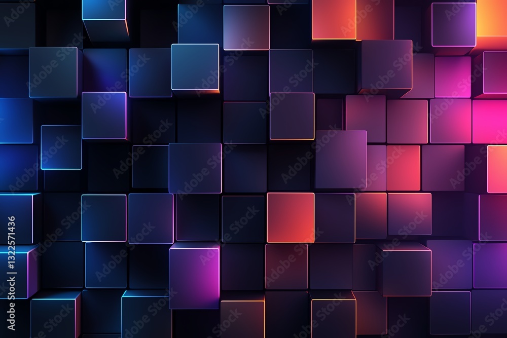 Poster a vibrant and colorful array of 3d cubes arranged in a dynamic pattern, showcasing shades of blue, p