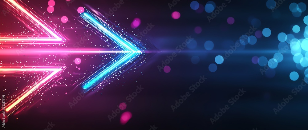 Aufkleber a vibrant digital background featuring neon arrows in pink and blue, complemented by a blur of glowi