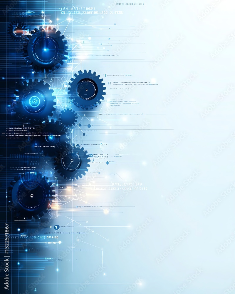 Poster an abstract composition featuring gears and digital elements, representing modern technology and inn