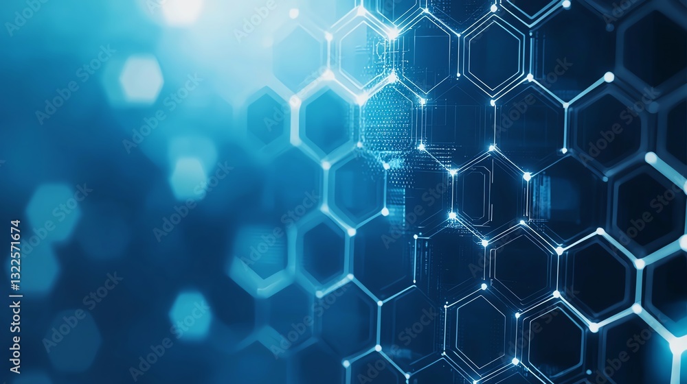 Poster close-up view of a futuristic hexagonal pattern with glowing elements, representing advanced technol
