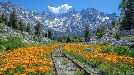 Obraz premium Scenic railway tracks through vibrant orange wildflowers, leading to majestic snow-capped mountains under a bright blue sky.