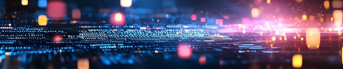 Fototapeta premium A vibrant digital landscape featuring a blend of colorful lights and data streams, symbolizing the intersection of technology and innovation in a modern world.