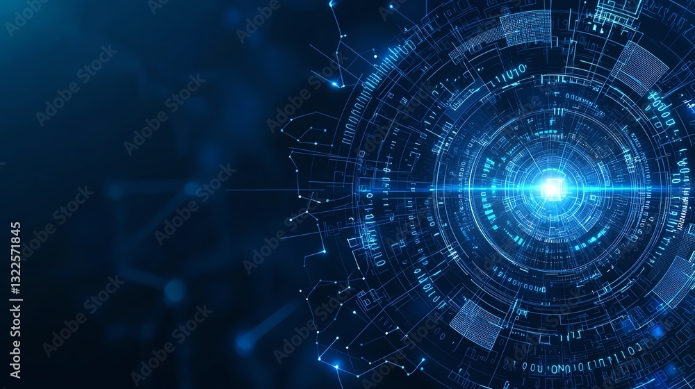 Poster futuristic digital interface with glowing elements, ideal for concepts of data visualization, techno