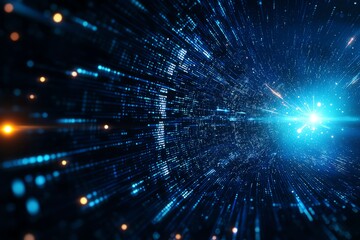 Naklejka premium An abstract representation of digital data flow through a virtual space, showcasing vibrant colors and light effects, symbolizing speed and advanced technology.