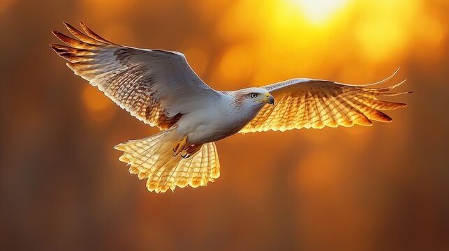 Majestic hawk in flight at sunset, wings spread wide, bathed in golden light.