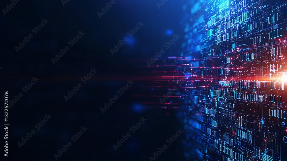 Poster a vibrant digital landscape showcasing advanced technology with binary codes and glowing data stream