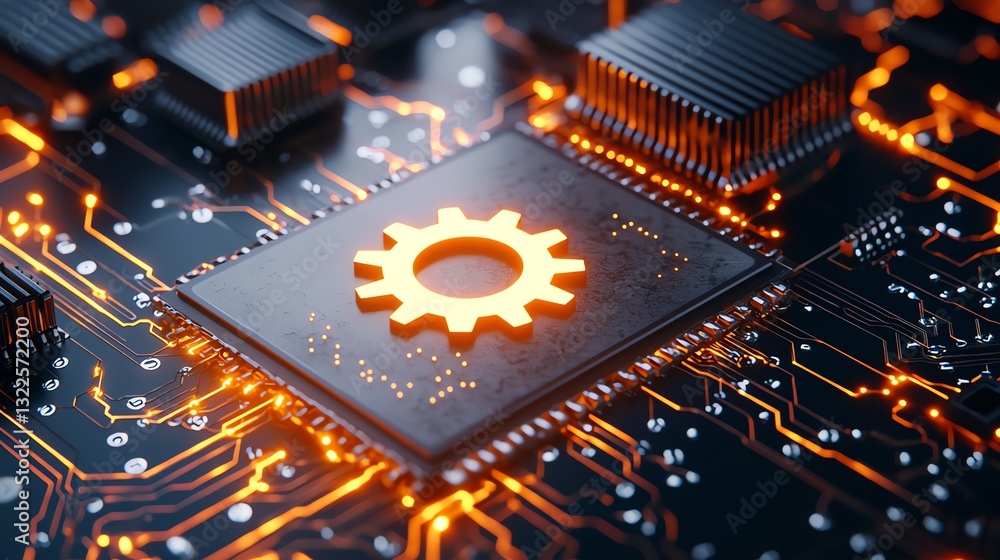 Aufkleber close-up view of a modern circuit board with intricate electronic components and glowing elements, s