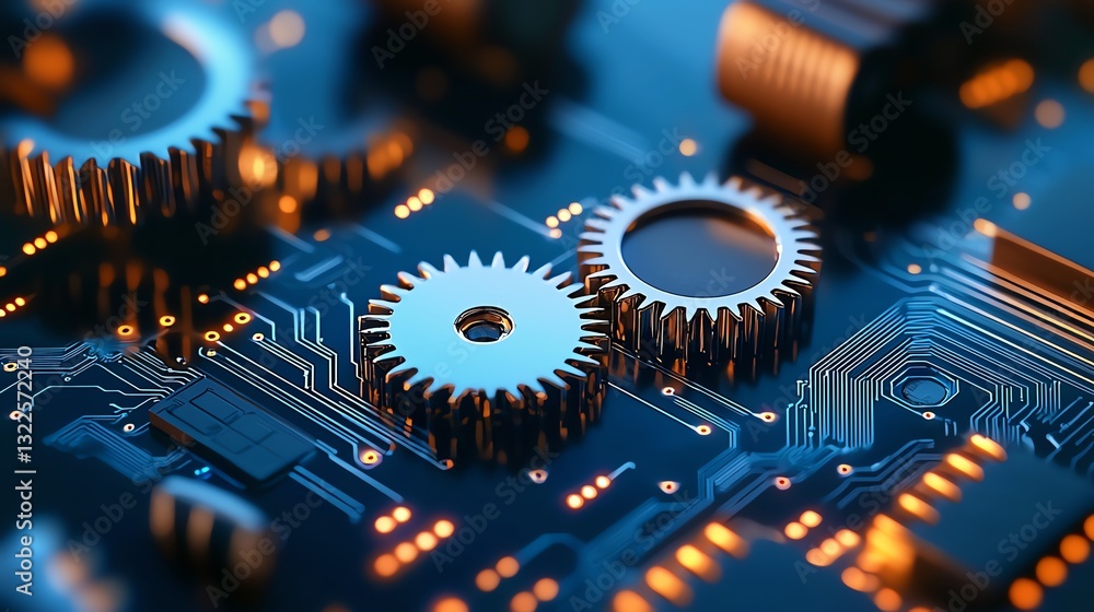 Poster close-up view of intricate mechanical gears set against a vibrant circuit board backdrop, showcasing