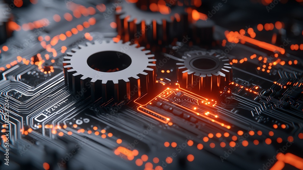 Poster a close-up view of interconnected gears and circuitry, showcasing advanced technology with glowing o