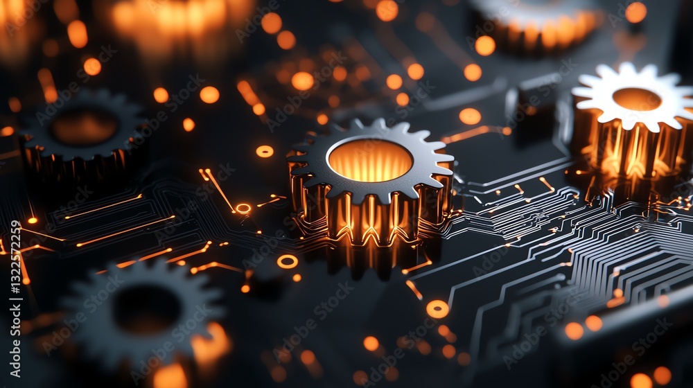 Poster a close-up view of intricate circuit boards featuring gleaming metallic gears and vibrant orange lig