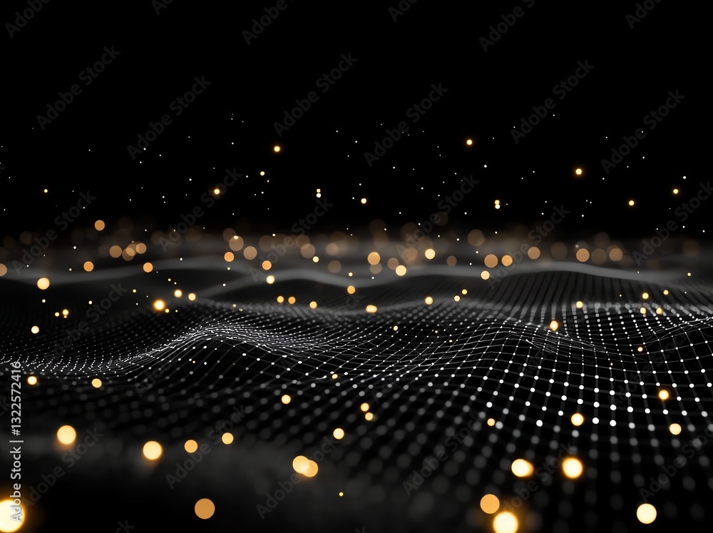 Poster a mesmerizing wave of sparkling dots resembling a digital landscape, ideal for use in technology, sc