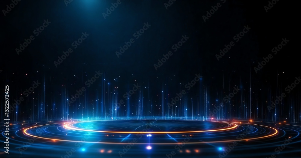 Poster a futuristic digital platform illuminated with blue and orange lights, surrounded by a dynamic flow 