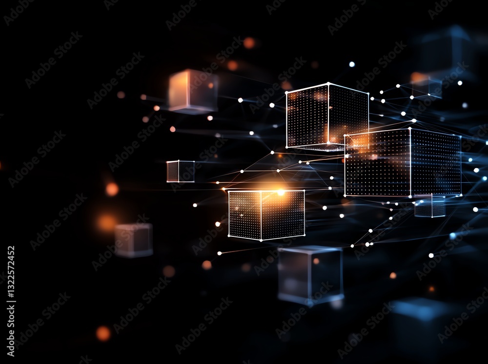 Poster this abstract image features glowing cubes interconnected by dynamic lines, representing modern tech