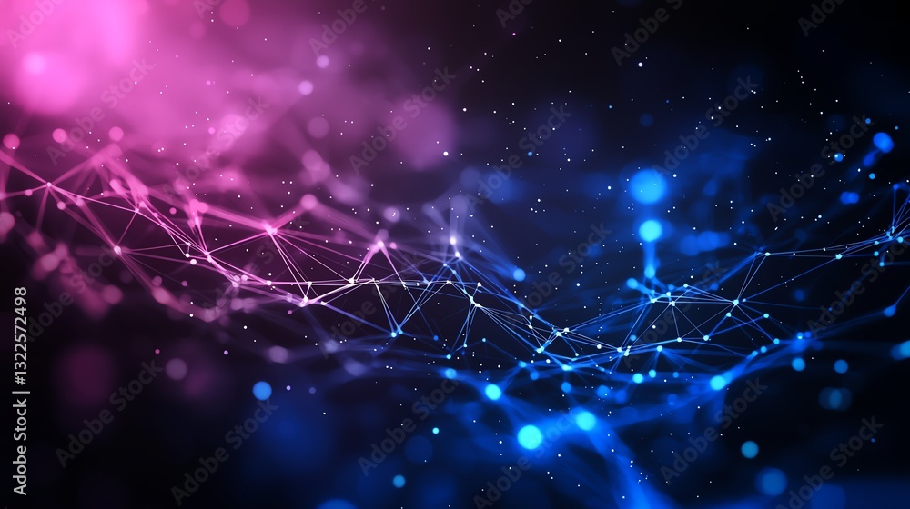 Poster a vibrant digital network background featuring interconnected nodes and lines, illuminated by pink a