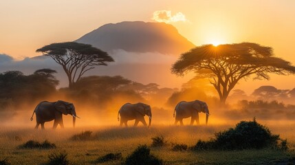 Obraz premium African elephants walking at sunrise, dust and golden light.