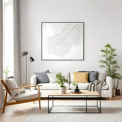 Minimalist empty framed poster mockup in bright modern living room interior.  
