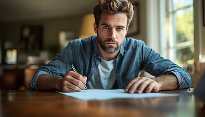 Obraz premium Man sitting at a table writing on a piece of paper