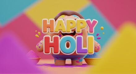 A joyful celebration of Holi with vibrant colors and friendly characters dancing in an animated backdrop.