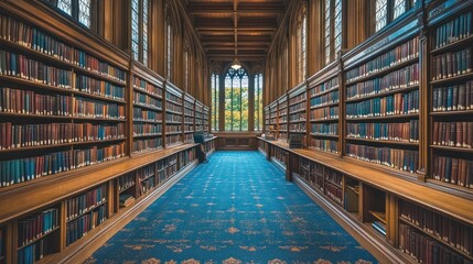 Fototapeta premium Grand library hall with tall bookshelves, blue carpet, and gothic architecture.