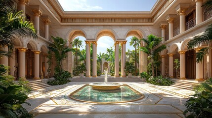 Luxurious Courtyard Oasis: A serene and opulent courtyard features classical architecture, a central fountain, lush tropical plants, and towering columns, creating a tranquil and luxurious atmosphere.
