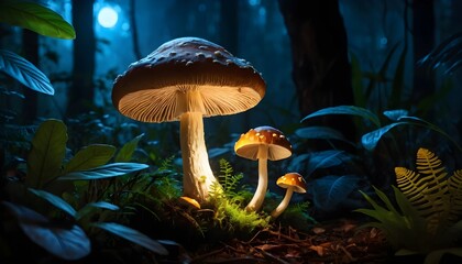 Fototapeta premium glowing mushroom in the night forest background