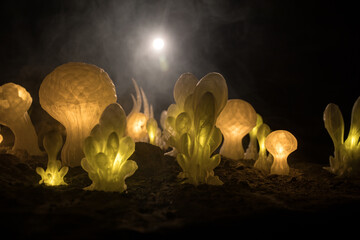 Abstract Miniature of Another Planet with Giant Glowing Mushrooms. A Nighttime Scene on an Alien World, Illuminated by the Soft Glow of Otherworldly Fungi. © zef art