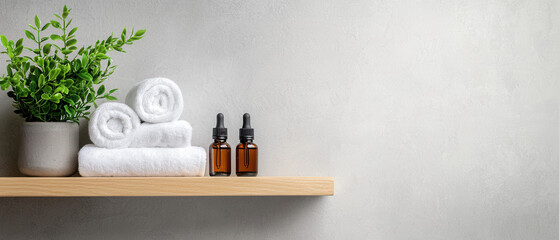 Minimalist bathroom shelf with essential oils, towels, and greenery