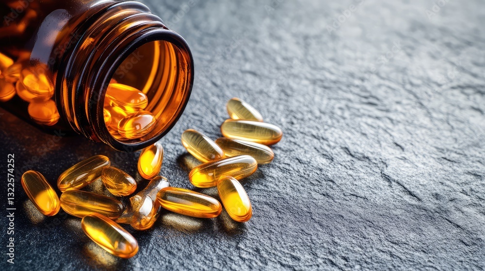 Poster an image of a fish oil bottle next to some scattered capsules, with a soft background and enough spa