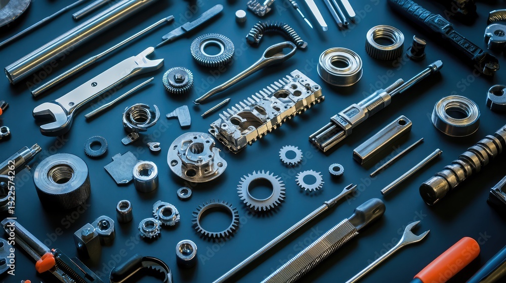 Poster an image of a disassembled gear system with exposed internal components, with tools placed neatly ar