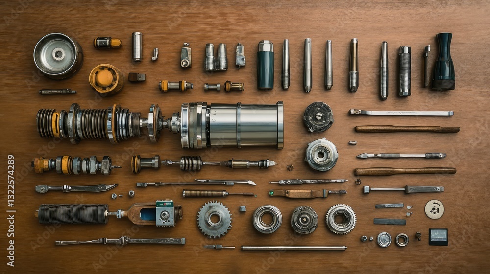 Poster an image of a disassembled gear system with exposed internal components, with tools placed neatly ar